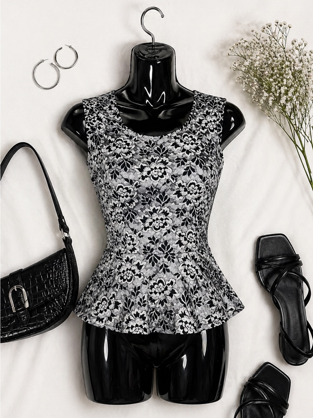 Black & White Floral Peplum Tank Top